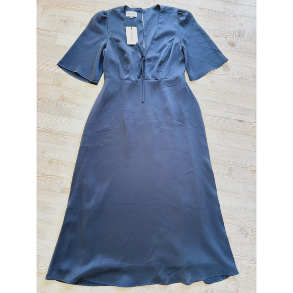 New Park & Fifth Kendal Tie Midi Dress Navy Bubble Satin Medium - Picture 1 of 10
